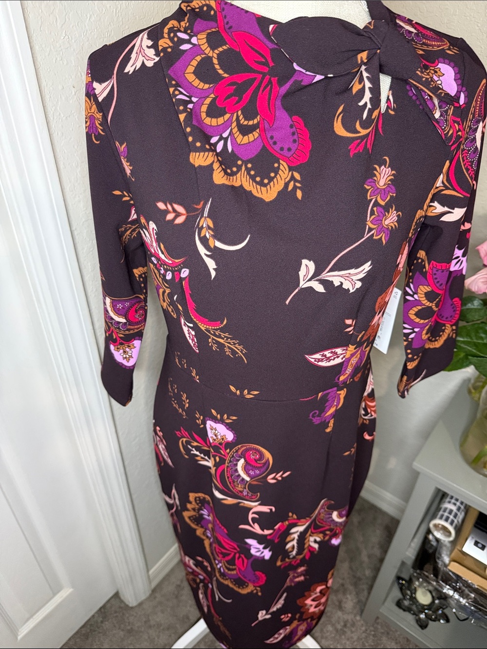 Floral Tie-Neck Midi Dress in Plum with Pink, Purple Accents